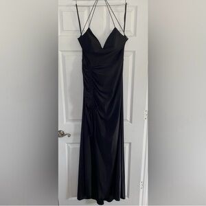Elegant Black Spaghetti Strap Evening Gown with Ruched Detail